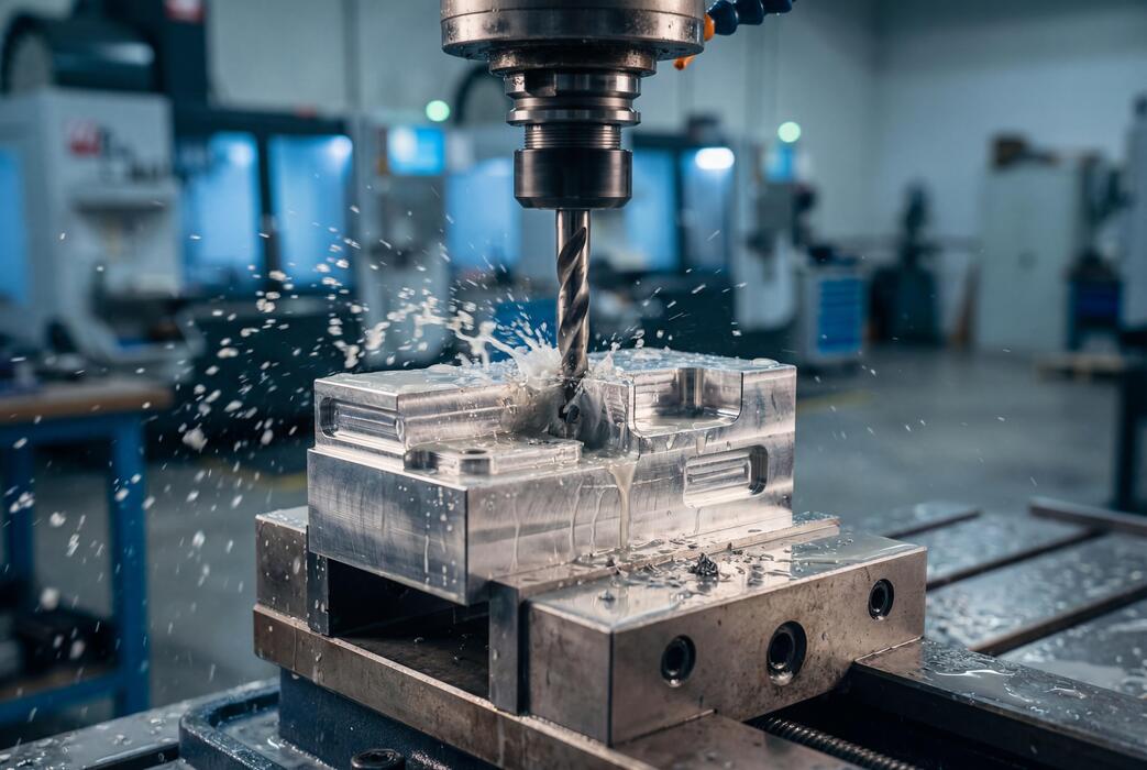Milling tool cutting a metal component with coolant spray